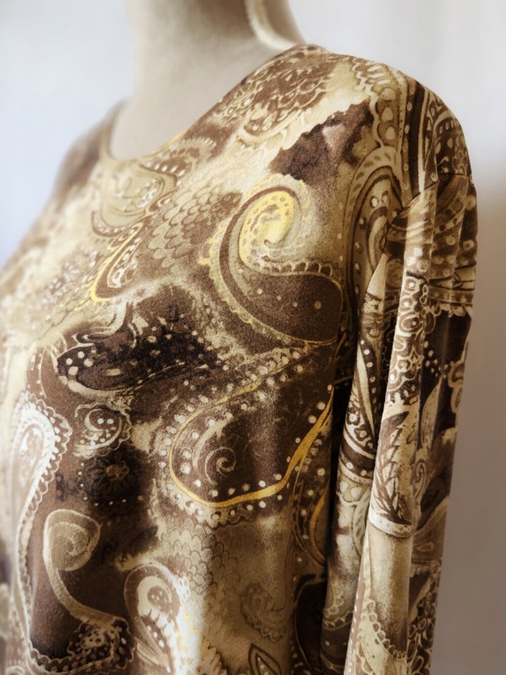 Chico's Women's Size 2/12-14 (L) Brown Paisley Print 3/4 Sleeve Round Neck Top - Picture 8 of 14